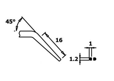 The image shows a technical drawing of an angled part. It has a 45° angle, a length of 16 units, and additional dimensions of 1, 1.2, and a round part.