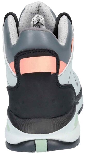 The image shows the back of a sneaker. The shoe has a gray heel with a black insert and an orange accent. The sole is light and slightly transparent.