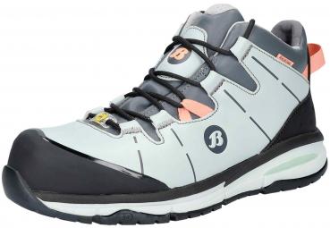 The shoe is a sporty half-shoe in light blue with black rubber protection at the tip. It has black laces, orange accents, and a grippy sole.