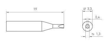 The image displays technical drawings of a component. On the left side, a side view is shown, while on the right, the top view with diameters and length specifications is visible.