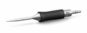 The image shows a soldering iron with a long, pointed metal tip. The handle is black and rubberized, with non-slip access points for better grip. The overall shape is sleek and handy.