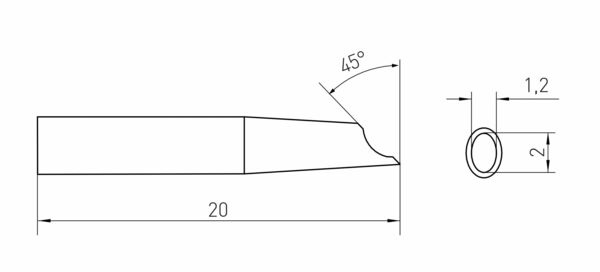 The image displays a technical drawing of a tool. It has a length of 20 mm, with a slanted end at a 45° angle. A small circle with a 2 mm diameter is drawn on the side.