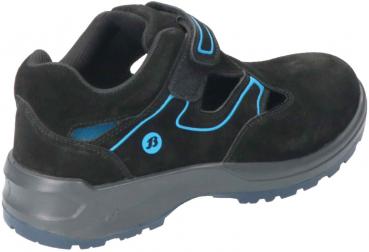 The shoe is black with blue accents. It has a sturdy sole and a padded area. The closure is a Velcro strap, which makes it easy to put on and take off.