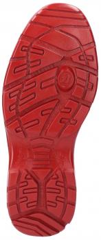 The image shows the sole of a shoe in bright red. The sole features a textured pattern with various grooves and indentations that provide grip and stability.