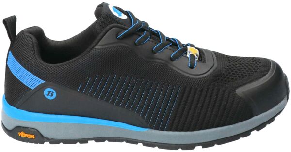 The shoe is black with blue accents. It has a padded sole and breathable material. The laces are also blue, the sole is grippy and stable.