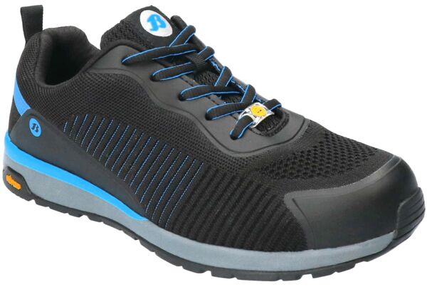 The shoe is black with blue accents. It has a sporty shape, a textured surface, and a cushioning sole. The shoelaces are also black and blue.