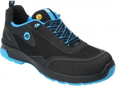 The shoe is black with blue accents. It has a padded tongue, a breathable surface, and a grippy, blue sole. The laces are also blue.