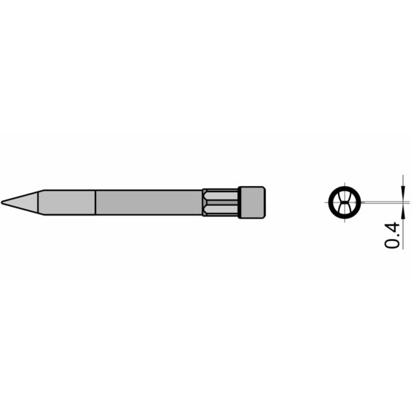 Das Bild zeigt einen langen, schmalen Stift mit einer spitzen Spitze und einem breiteren Ende. Rechts ist eine Draufsicht mit einem Durchmesser von 0,4 Einheiten dargestellt.