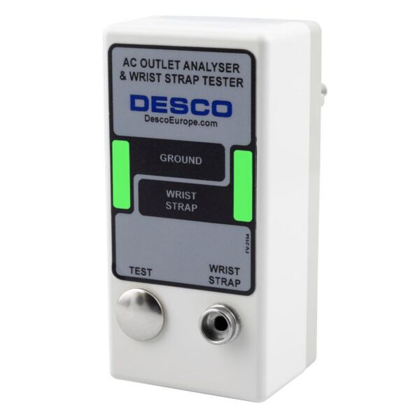 The image shows a white, rectangular tester with blue and green labels. It has buttons for 