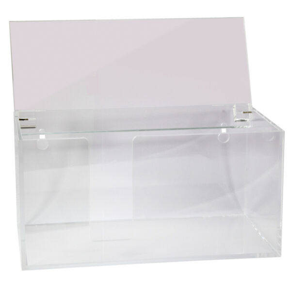 The image shows a transparent plastic collection box. It has an open top and a rectangular base, making the interior easily visible. Ideal for voting or donations.