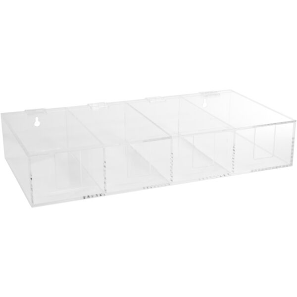 The image shows a transparent plastic organizer with three equally sized compartments. Each compartment has an open front and is ideal for sorting small items.