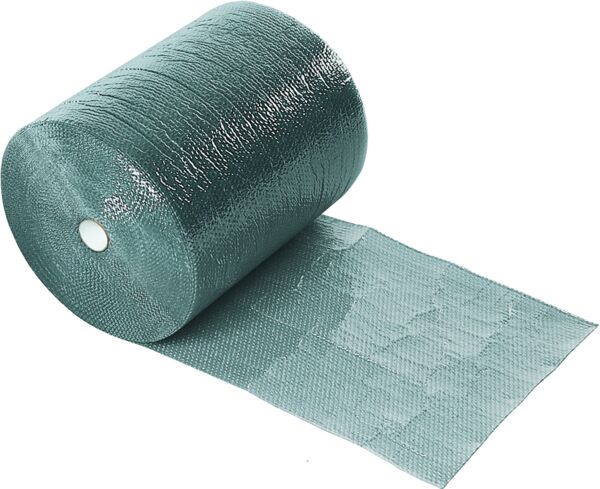 The image shows a roll of green, shiny material. Part of the material is unfolded and lies flat. It has a textured surface and is wrapped around a round core.