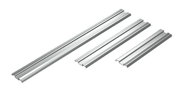 In the picture, there are three parallel-arranged, matte aluminum profiles of various lengths. They have a rectangular shape with a slightly curved top.