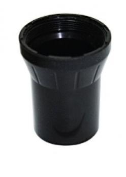 It is a cylindrical container made of black plastic. The top features a threaded pattern, while the bottom edge is rounded. The container is hollow and exudes simplicity.