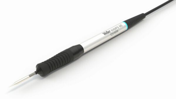 The image shows a soldering iron. It has a long, slender metal body with a rubberized grip. The tip is pointed and used for soldering. A cable leads away from it.