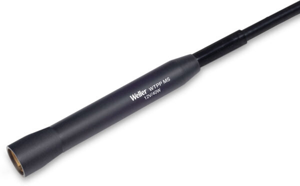 The image shows a narrow, black soldering tip with a cylindrical handle. The handle features a white inscription with the name "Weller" and technical specifications.