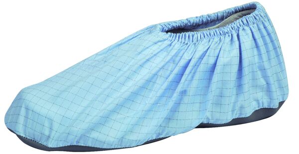 The image shows a blue shoe cover. It has an elastic edge that fits well. The fabric features a checkered pattern and a flexible, non-slip bottom.