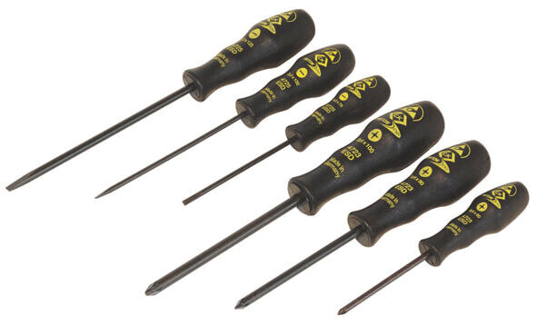 The image shows six screwdrivers in a row. They have black handles with yellow lettering and vary in length. The blades are made of metal and are pointed.