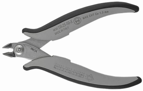 The image displays a small pair of pliers with rounded handles. The pliers are made of metal with gray and black plastic on the handles. They have a narrow tip and cutting edges.