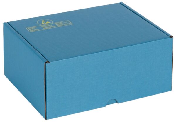 The box is rectangular, made of sturdy cardboard, and is light blue in color. It features a tuck flap for opening and is printed with a yellow symbol and additional information.