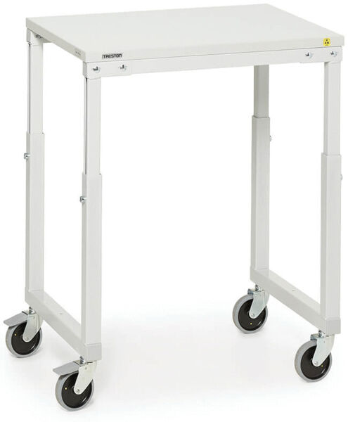 The image shows an adjustable-height table in white with four casters. It has a square tabletop and a sturdy metal frame that stands upright.