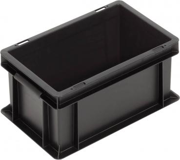 The image shows a rectangular, black plastic box without a lid. It has grippy sides and a smooth interior, ideal for storing items.