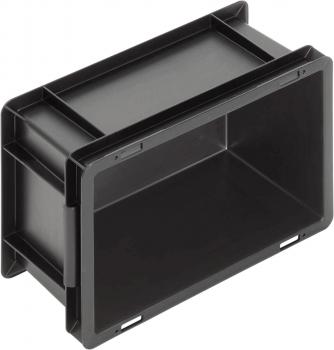 The image shows a rectangular, black plastic box without a lid. It has straight edges and a smooth surface. The interior is empty and has the same color as the exterior.