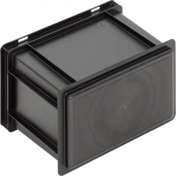 The image shows a black, rectangular plastic box with a smooth surface. It has a closed front and is standing on one of the smaller sides.