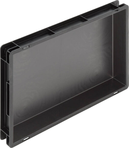 The image displays a rectangular, flat container made of black plastic. The container has open sides and a smooth, matte surface, ideal for storing items.