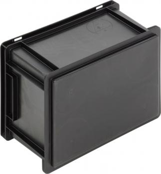 The image displays a rectangular, black plastic container. The container has smooth walls, a simple shape, and no lid, making it practical for various storage solutions.