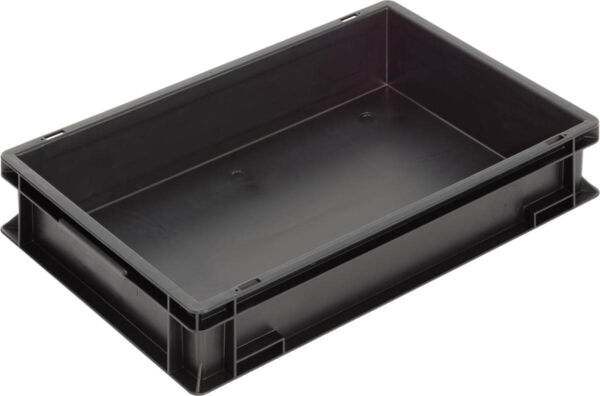 The image displays a rectangular, flat box made of black plastic. It features high, straight sides and a smooth interior, ideal for storing items.