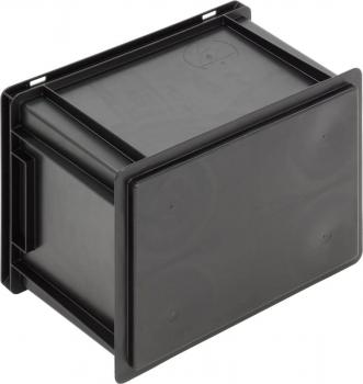 The image shows a black, rectangular plastic container. It has a flat top and is overall compact. There are notches on the sides that allow for mounting.