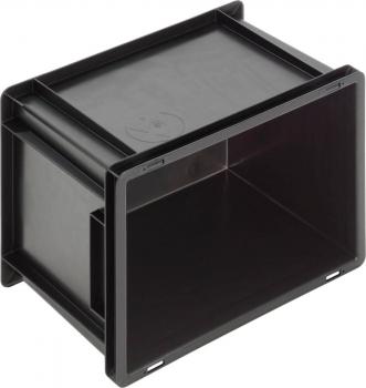 The image displays a black, rectangular plastic box without a lid. It has an open front and is sturdy with clean edges. The interior surface is smooth and offers ample space.