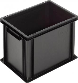 The picture shows a black, rectangular plastic box. It has open handles on the sides and a smooth surface. The corners are rounded, and the box has no lid.