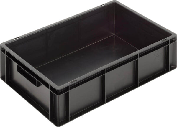 The image displays a rectangular, black plastic box. It features practical handles on the shorter sides and is empty inside. The walls are sturdy and slightly textured.