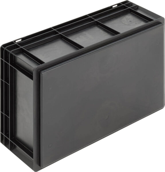 The image shows a black, rectangular plastic box. It has a smooth, flat surface and is slightly elevated, with a sturdy frame that has openings for better handling.