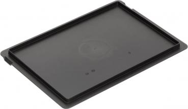 The image shows a flat, rectangular black tray or plate with a slightly raised edge. It has a smooth surface without any visible details or patterns.