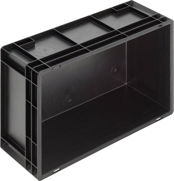 The image shows a rectangular, black plastic box. It has an open front, solid walls, and a flat base, ideal for storing or transporting items.