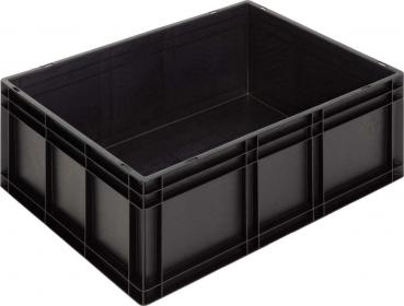 The image displays a rectangular, black plastic box. It has smooth walls and an open top edge. The box is sturdy and suitable for storing items.