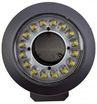 The image shows a round LED light with an inner, dark area. Around this area, there are evenly arranged 16 small, bright yellow LED lamps, surrounded by a black casing.