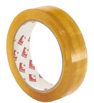 The image shows a roll of transparent, yellowish tape. The inner part of the roll is white with red printed logos. The surface is smooth and shiny.