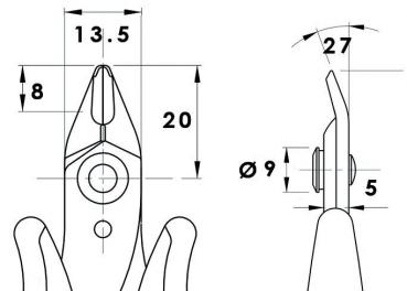 The image displays technical drawings of pliers. It is shown from the front and the side, with dimensions. The pliers have a pointed cutting edge and a round handle.