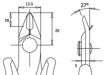 The image displays technical drawings of a tool. It includes top and side views with dimensions: width 13.5 mm, height 20 mm, and an angle of 27°.