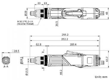 Das Bild zeigt eine technische Zeichnung eines Werkzeugs. Es enthält Maße in Millimetern, mit Front- und Seitenansicht sowie Details zu Gewinden und Proportionen.