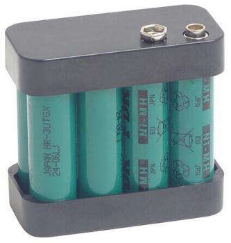 The image shows a rechargeable battery holder made of black plastic with three green cells. The cells are printed with information, and there are connectors on the top.