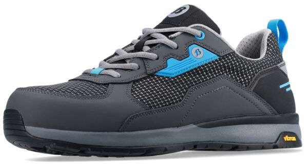 The shoe is a gray sneaker with blue accents. It has a sporty shape, laces, and a grippy rubber sole. The upper material is made of a textured, breathable fabric.