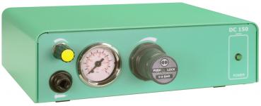 The image shows a green device with a rectangular casing. On the front, there is a pressure gauge, a rotary control, and three buttons. It is labeled with 