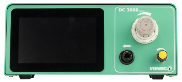 The image displays a device in mint green color. It features a large, black screen, a rotary knob, and two additional buttons, one of which is yellow. At the top, it reads "DC 3000" and at the bottom, "VIEWEG".