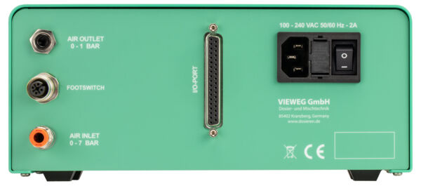 The image shows the back of a green device. There are various connections, including for air exhaust, foot switch, and air supply. Additionally, power connections and an IO port are visible.