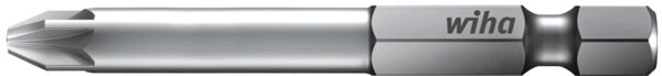 The image shows a metal screwdriver bit. It has a pointed, cross-shaped tip and is engraved with the inscription "wiha". The surface is smooth, silver-colored steel.